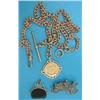 Image 1 : A 9ct gold curblink albert, with attached 9ct gold medallion, 62grms, a 9ct gold mounted green ha...