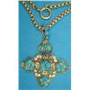 Image 1 : A yellow metal pendant of cruciform design, with piercework flowerhead decoration set turquoise a...