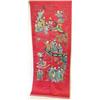 Image 1 : A Chinese 20th century red silk panel, worked with figures and a dragon in a garden landscape, li...