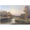 Image 1 : George Cole (1810-1883)Oil on canvas,A wooded lake landscape with cattle watering and a thatched...