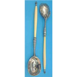 A pair of Victorian silver salad servers, with talon stem bowls and ivory handles, Maker George W...