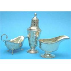 Two George V silver sauceboats and a caster....