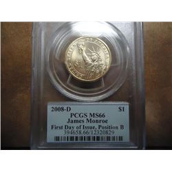 2008-D MONROE DOLLAR PCGS MS66 POS. B 1ST DAY ISSUE