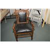 Image 1 : Antique hand carved quarter cut oak open arm upholstered arm chair with turned bobbin style supports