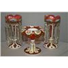 Image 1 : A pair of antique ruby glass and white cut to ruby girandoles and center pedestal bowl with hanging