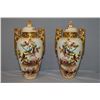 Image 1 : A pair of vintage English hand painted lidded urn with gilt handles and bird and floral motif panels
