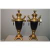 Image 1 : A pair of heavy cast brass double handled urns with bird motif finials 24" in height