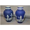 Image 1 : A matched pair of cobalt blue Adams Jasperware vases decorated in a neo classical design 8 1/2" in h