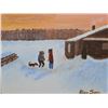Image 1 : Framed acrylic on canvas painting of winter in the yard with dog, 11" X 14"