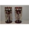 Image 1 : Pair of antique tall ruby glass and hand painted girandoles with two rows of hanging lustres 14 1/2"