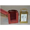 Image 2 : Antique brass French carriage clock with enamelled dial, key and leather carrying case