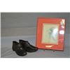 Image 1 : Antique pair of leather shoes with horse shoe style re-enforced bottoms and a small framed print Gob