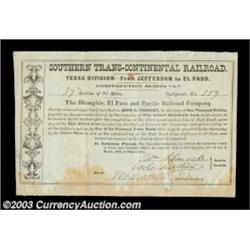 John C. Fremont - Southern Trans-Continental Railroad (Texas) A $1000 debt certificate payable as im