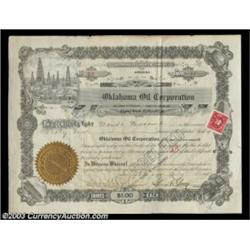 George Getty - Oklahoma Oil Corporation (Arizona) A 100 share certificate dated 1921 signed by Georg