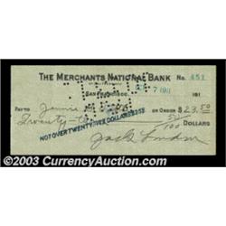 Jack London - Signed Check London was a famed author who published roughly 50 volumes of short stori