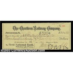 Andrew Mellon - Dividend Check A $320 check issued to A.W. Mellon by the Chartiers Railway Company a