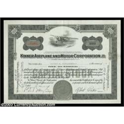 Kinner Airplane and Motor Corporation (California) A 1937 certificate for 100 shares. Black on white