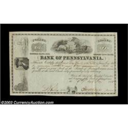 Bank of Pennsylvania (Pennsylvania) A stock for one share in black on white with a large and ornate.