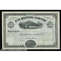 Alta Montana Company (Montana) A 100 share certificate issued in 1881 in black on white. A vignette.