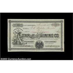 Altar Gold & Silver Mining Company (California) A 1878 certificate in black on white for 50 of the 1