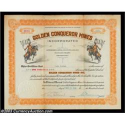 Golden Conqueror Mines (Colorado) Issued for 200 shares in 1936. Orange and black with vignettes of.
