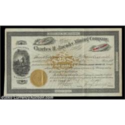 Charles H. Jacobs Mining Company (Arkansas) A 1887 issued certificate in gold and black with two Mor