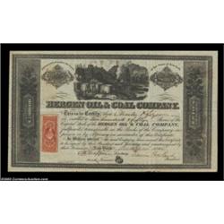 Bergen Oil and Coal Company (New York) A 1864 certificate for 100 shares. Black and white with an at