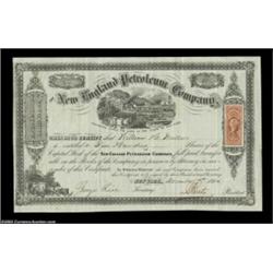 New England Petroleum Company (New York) A 1864 certificate for 500 shares. Black. Vignette of an oi