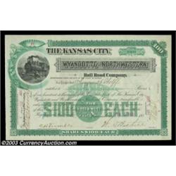 Kansas City, Wyandotte and Northwestern Railroad Company (Kansas) A 1890 dated certificate for 100 s