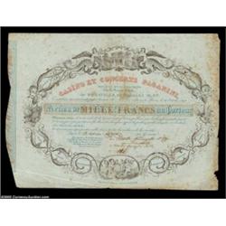 Casino et Concerts Paganini (France) A historic 1837 certificate for 1000 Francs in black, gold and.