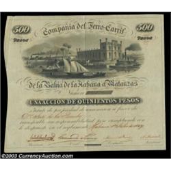 Cuba - Compania del Ferro Caril de la Bahia de la Habana a Matanzas A 1859 dated stock certificate f