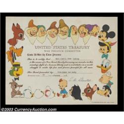 Disney War Finance Committee Certificate. A multi-colored U.S. Printing Office certificate given out