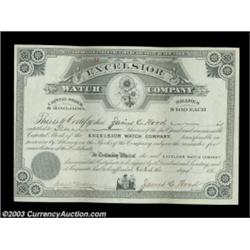 Excelsior Watch Company (New York) A 1880 certificate for 10 shares. Black. Vignette depicts the wor