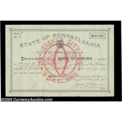 Quaker City Wheelmen (Pennsylvania) A $10 bond bearing 6% interest. A large vignette of a bicycle wh