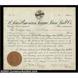 St. Louis American League Baseball Club (Missouri)A certificate for 50 shares issued to P.D.C. Ball.