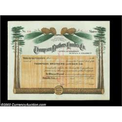 Thompson Lumber Company (Texas) A 1909 certificate for 100 shares. A multi-colored vignette is at to