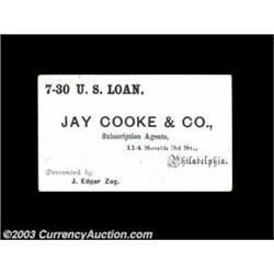 Jay Cooke & Co. Advertising Card. A Philadelphia advertising card for the 7-30 U.S. Loan. A very rar