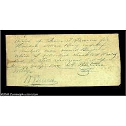 Receipt for a Slave. Written in blue pen on the back of lined note paper is the following receipt: "