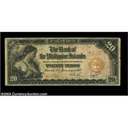 Philippines 20 pesos 1912 Bank of the Philippine Islands Pick 9bAn undoubtedly rare star note, Fine.