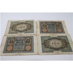 FOUR 1920 GERMAN 100 MARK BANKNOTES