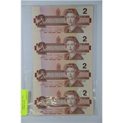 UNCUT SHEET OF 4 UNC 1986 2 DOLLAR ROBIN NOTES