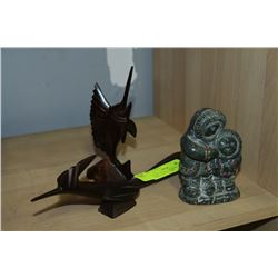 LOT OF 2 WOOD CARVINGS MADE IN MEXICO & SOAPSTONE