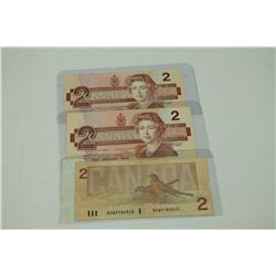 SET OF 3 1986 CANADIAN TWO DOLLAR BANK NOTES