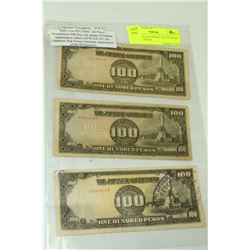THREE 1944 JAPANESE OCCUPATION WWII 100 PESOS