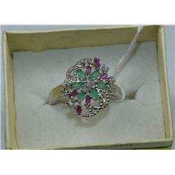 .925 SILVER EMERALD & RUBY RING - SIZE 8