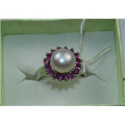 .925 SILVER RUBY & AKOYA PEARL RING - SIZE 8