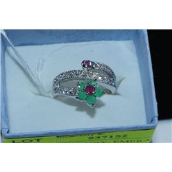 .925 SILVER RUBY, EMERALD & CZ RING - SIZE 8