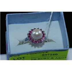 .925 SILVER RUBY & AKOYA PEARL RING - SIZE 9