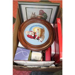 BOX OF CHRISTMAS SERVING DISHES AND NEEDLEPOINTS