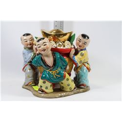 LARGE CERAMIC HAND PAINTED ASIAN "3 BOYS HOLDING